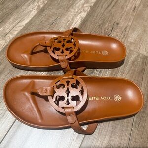 Tory Burch Brown Leather Miller Logo Thong Sandals